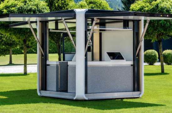 Portable kiosks and foldable seats